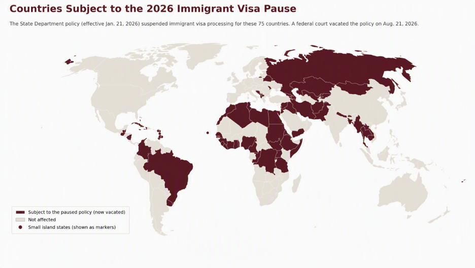 The image displays a world map with highlighted regions, indicating the countries affected by the 2026 Immigrant Visa Pause, which was later vacated by a federal court.

AI-generated content may be incorrect.